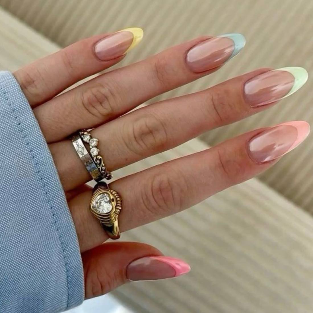 Pastel Mixed French Tips on Long Almond Nails