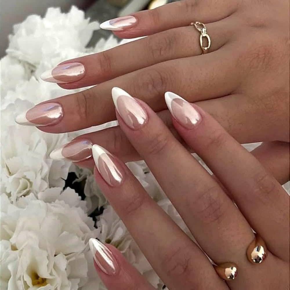 Blush Almond Nails with White Pearl Chrome Tips
