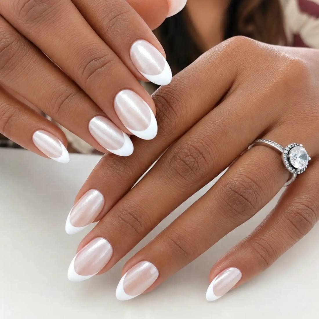 Milky White French Tips on Short Almond Nails