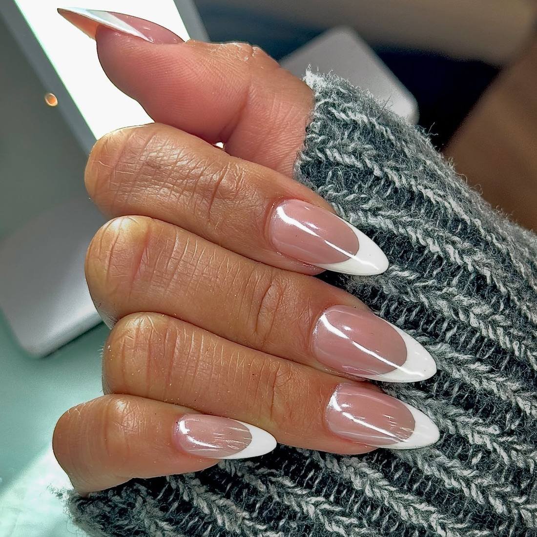Pink Almond Nails with Bright White French Tips