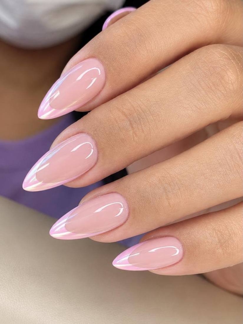 Glossy Soft Pink Almond Nails