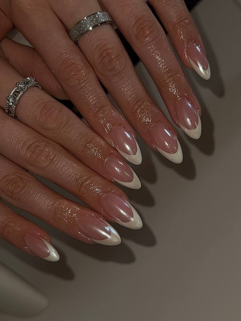 Deep Pink Almond Nails with Pearl White Tips