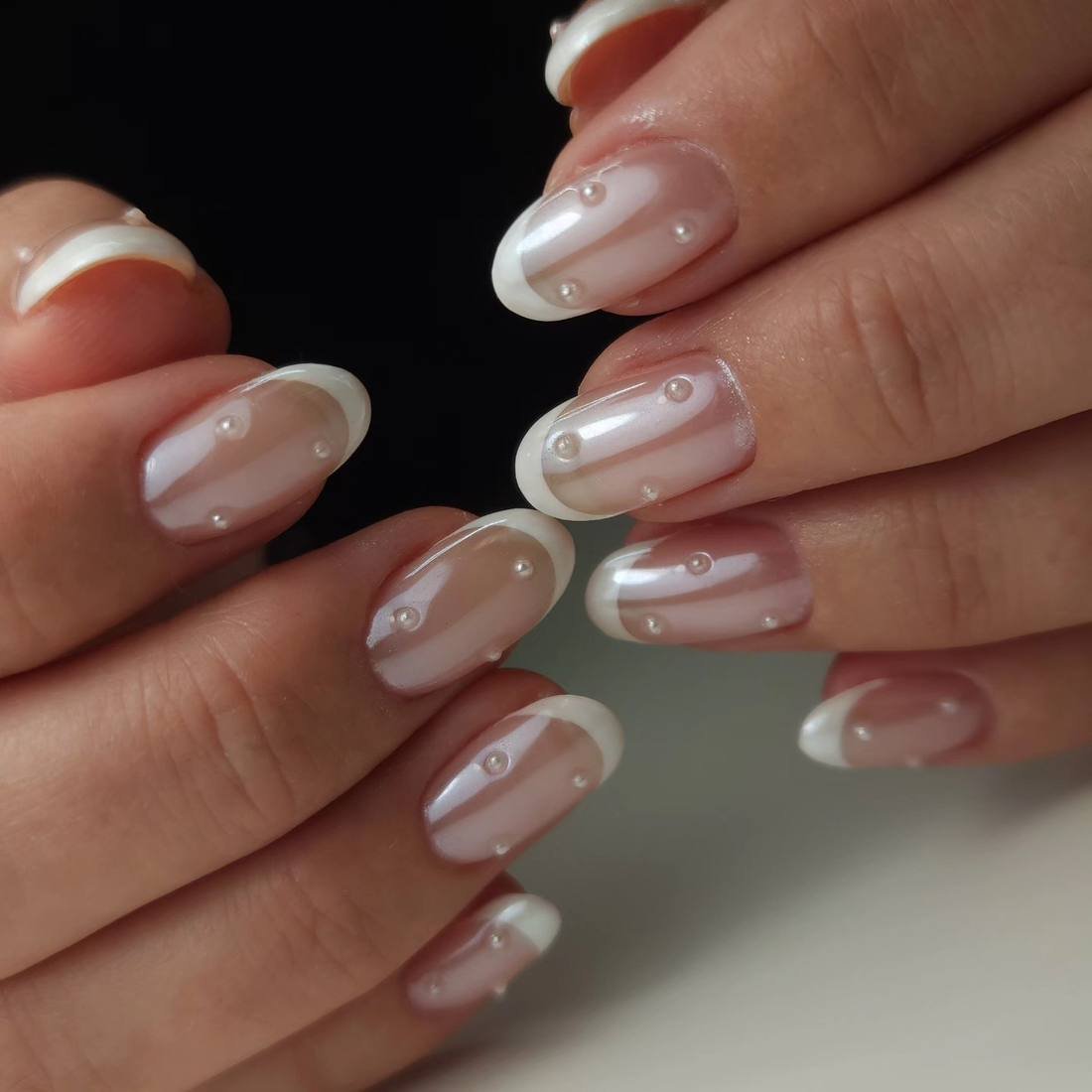 Short Blush Almond Nails with White French Tips