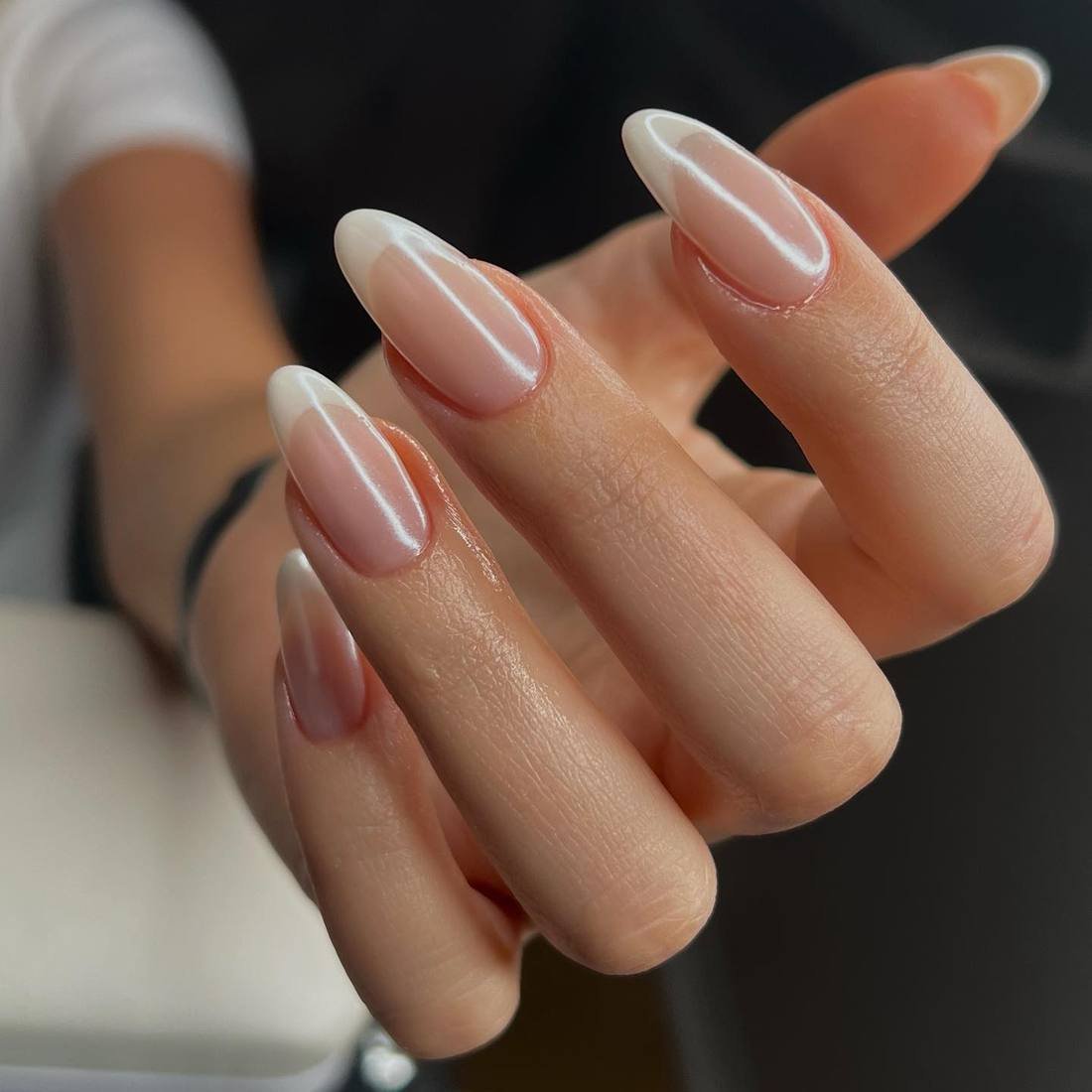 Natural Almond Nails with Fine White French Lines