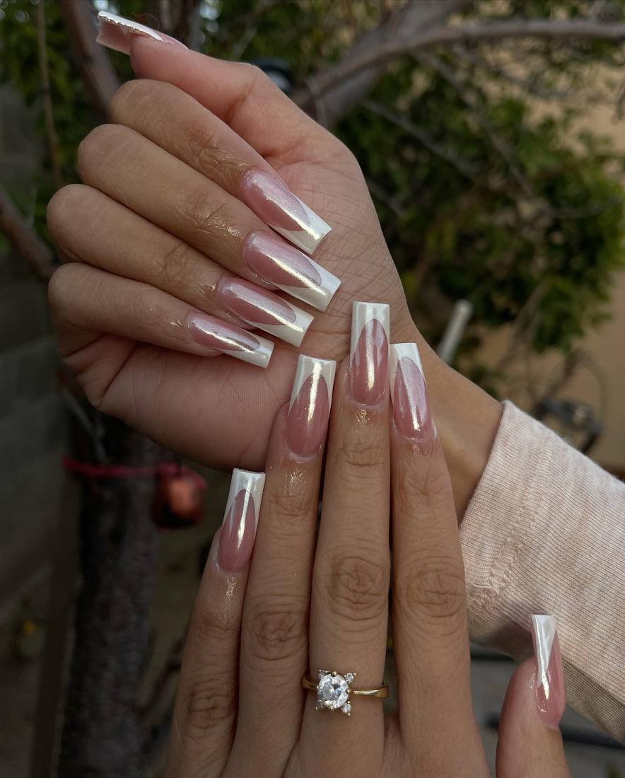 Long Square Nails with White French Tips