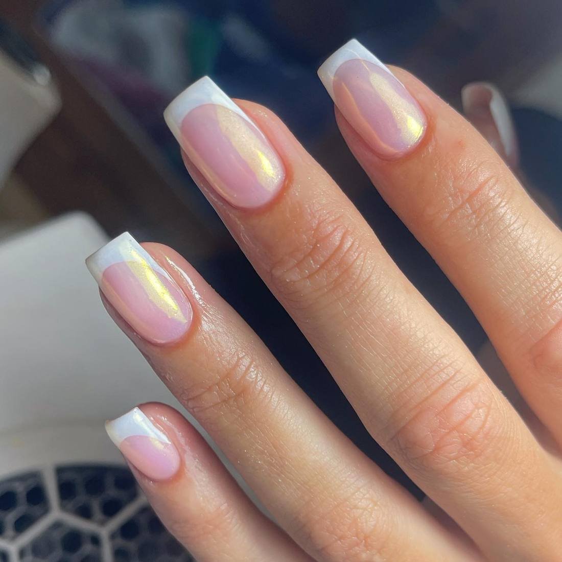 Short Square Nails with Pink Pearl Chrome Tips