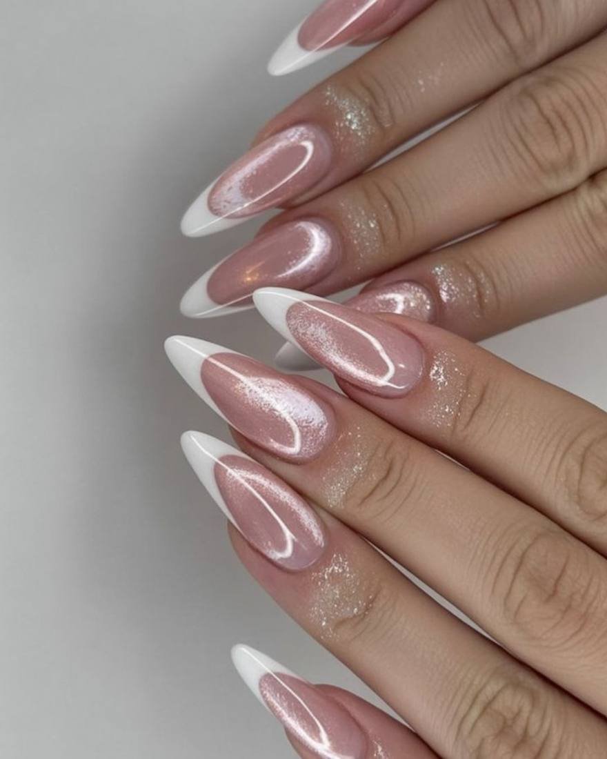 Glossy Almond Nails with White Pearl French Tips