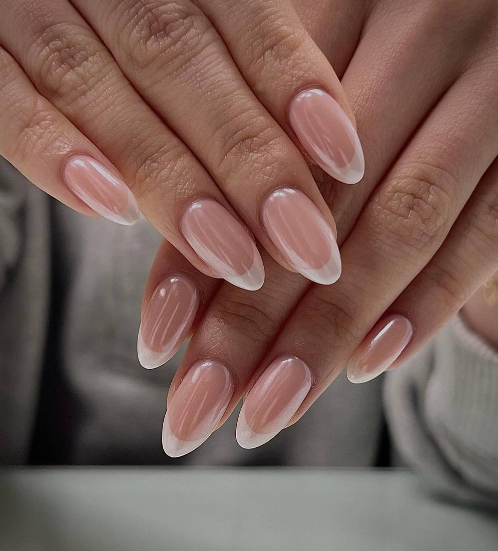 Soft Blush Almond Nails with White French Tips