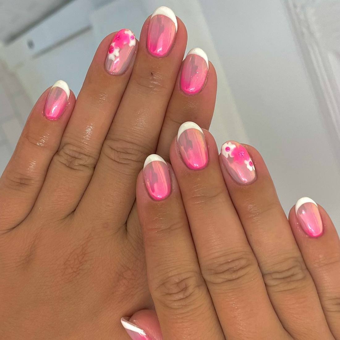 Bright Pink Pearl Chrome Almond Tips