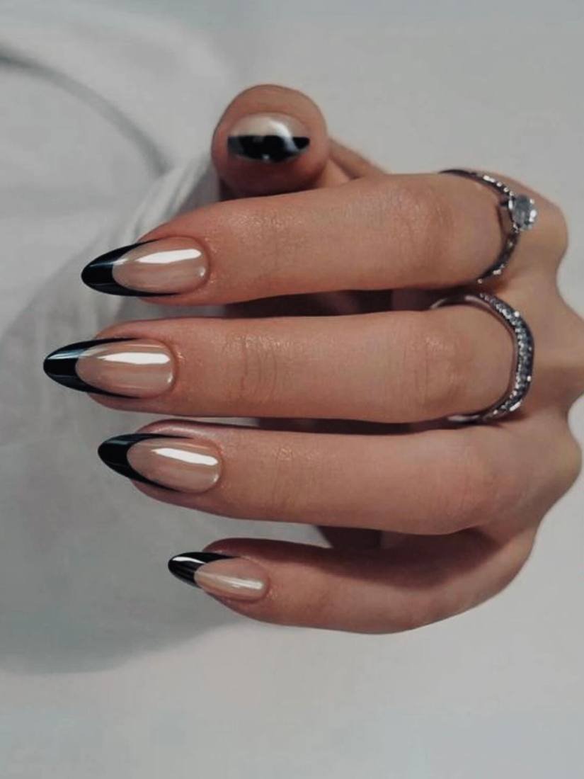 Short Almond Nails with Black French Tips