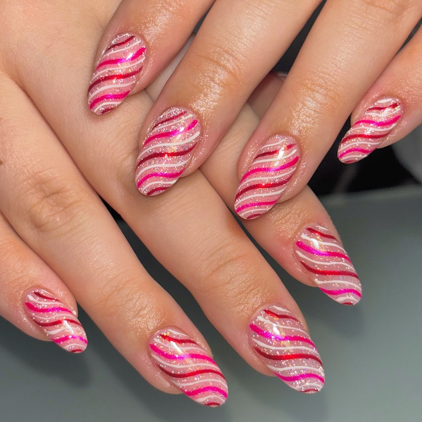 Pink and White Candy Cane Stripe Almond Nails