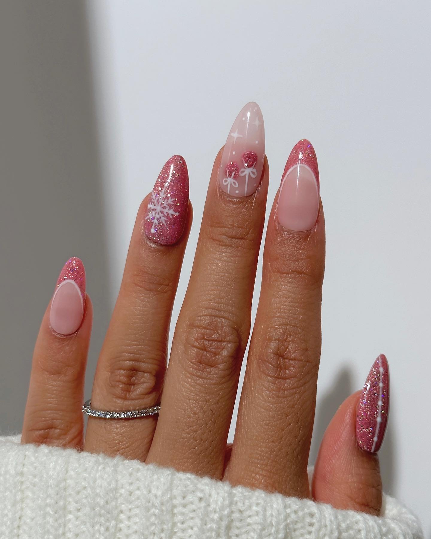 Pink Glitter Snowflake and Bow Christmas Nails