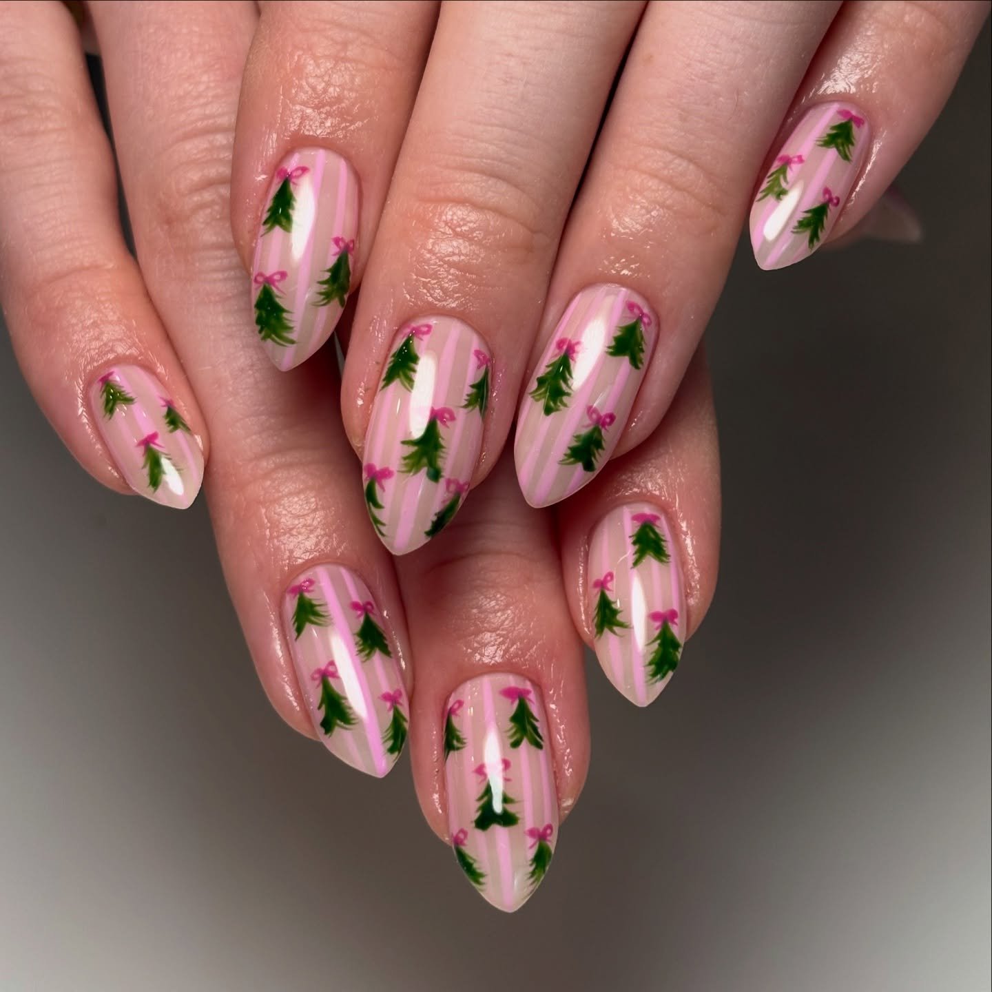 Pink Christmas Nails with Green Holly Details