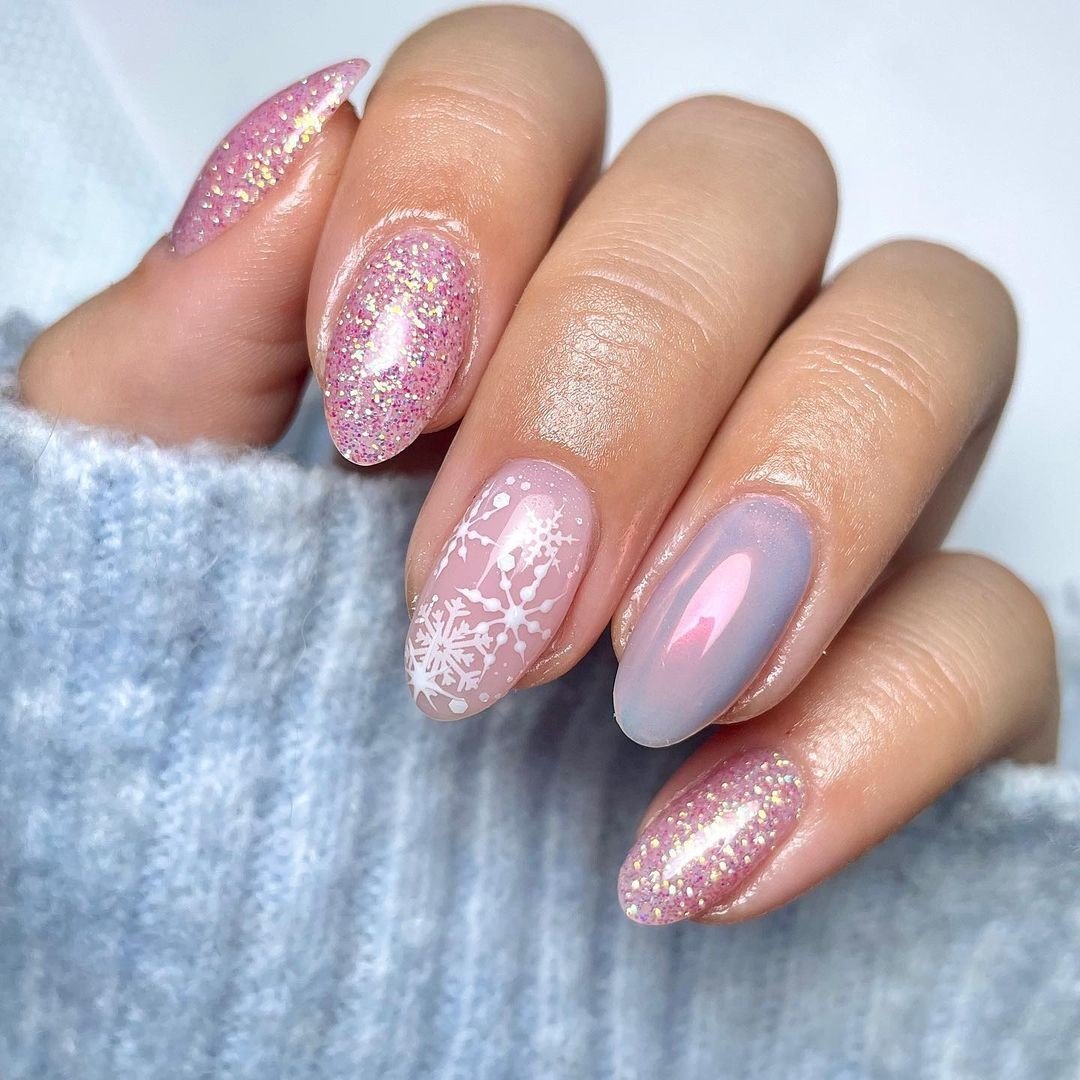 Pink Glitter Nails with White Snowflakes