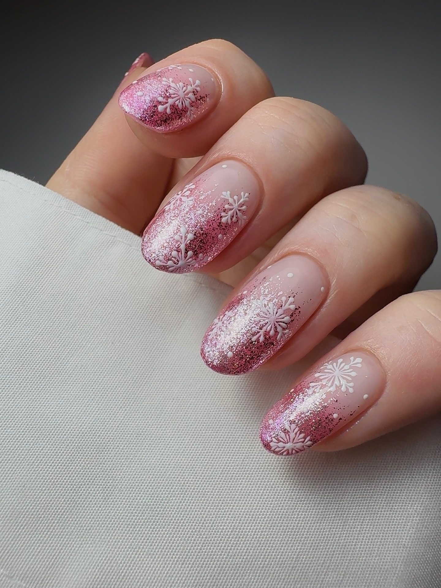 Soft Pink Glitter Snowflake Nails