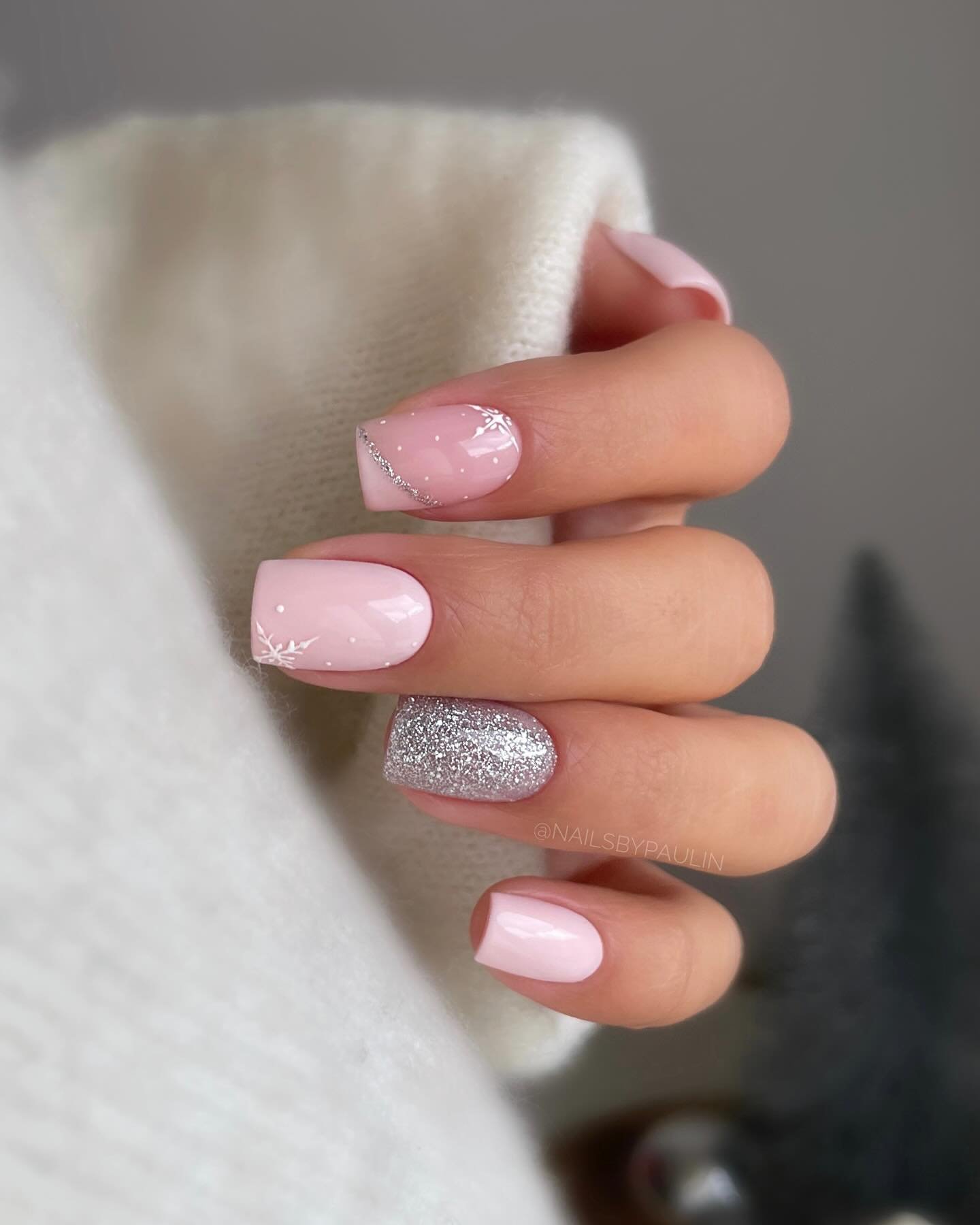 Short Pink Nails with a Silver Glitter Accent