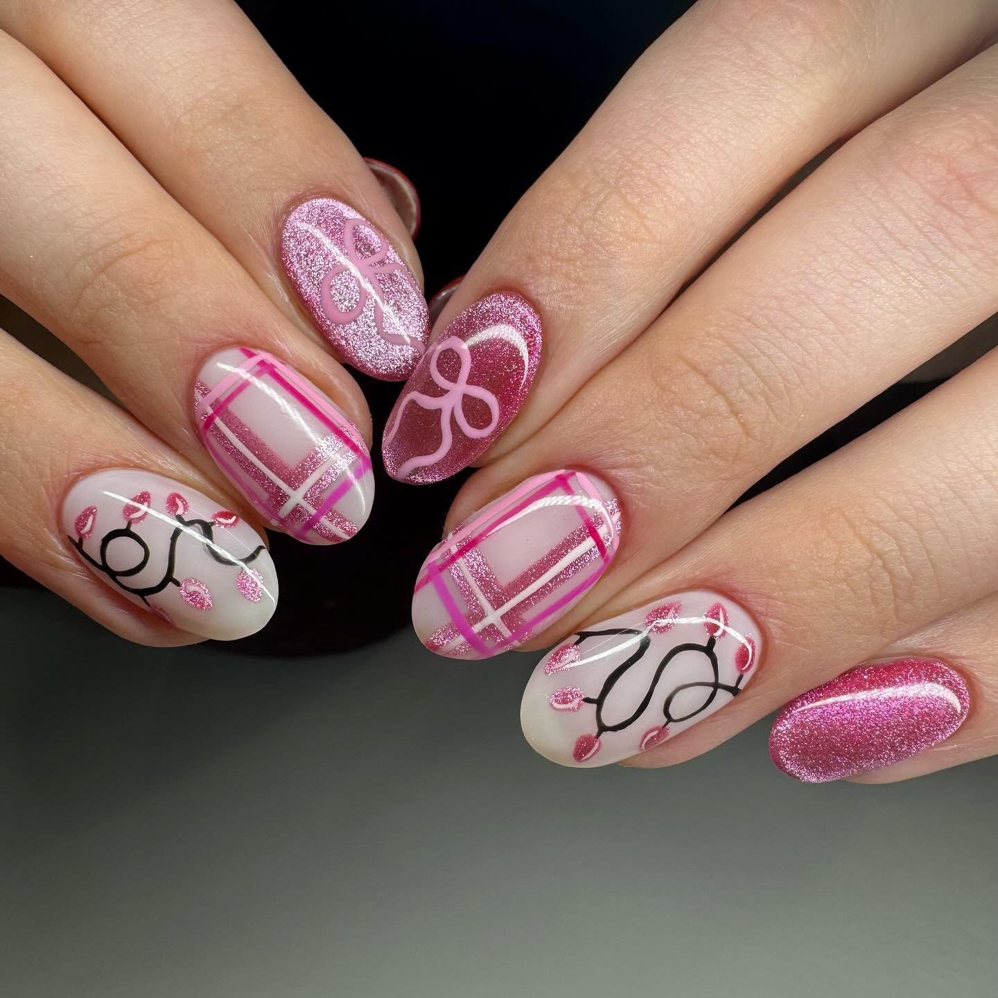 Pink Plaid Nails with Bows and Curved Line Art