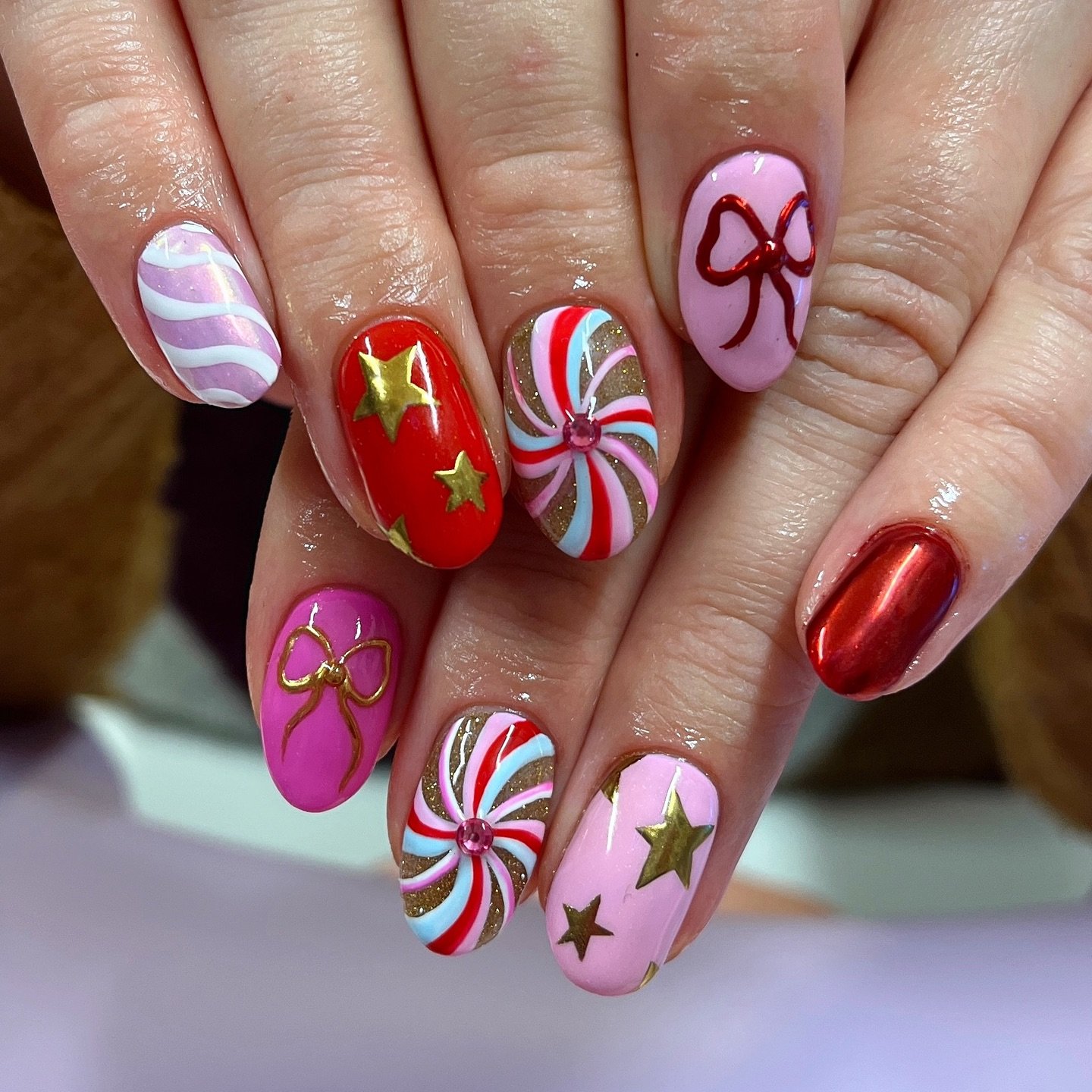 Maximalist Pink, Red and Green Christmas Nail Art