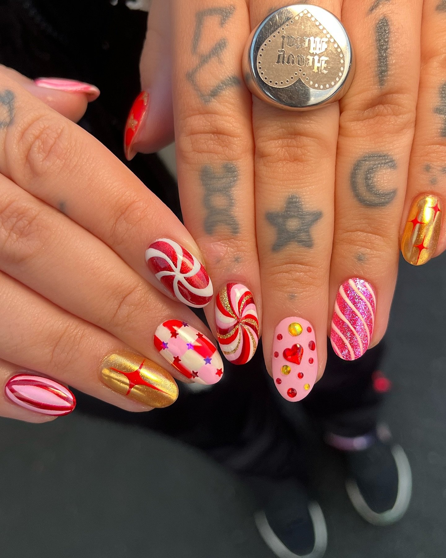Pink and Red Christmas Nails with Candy Cane Art