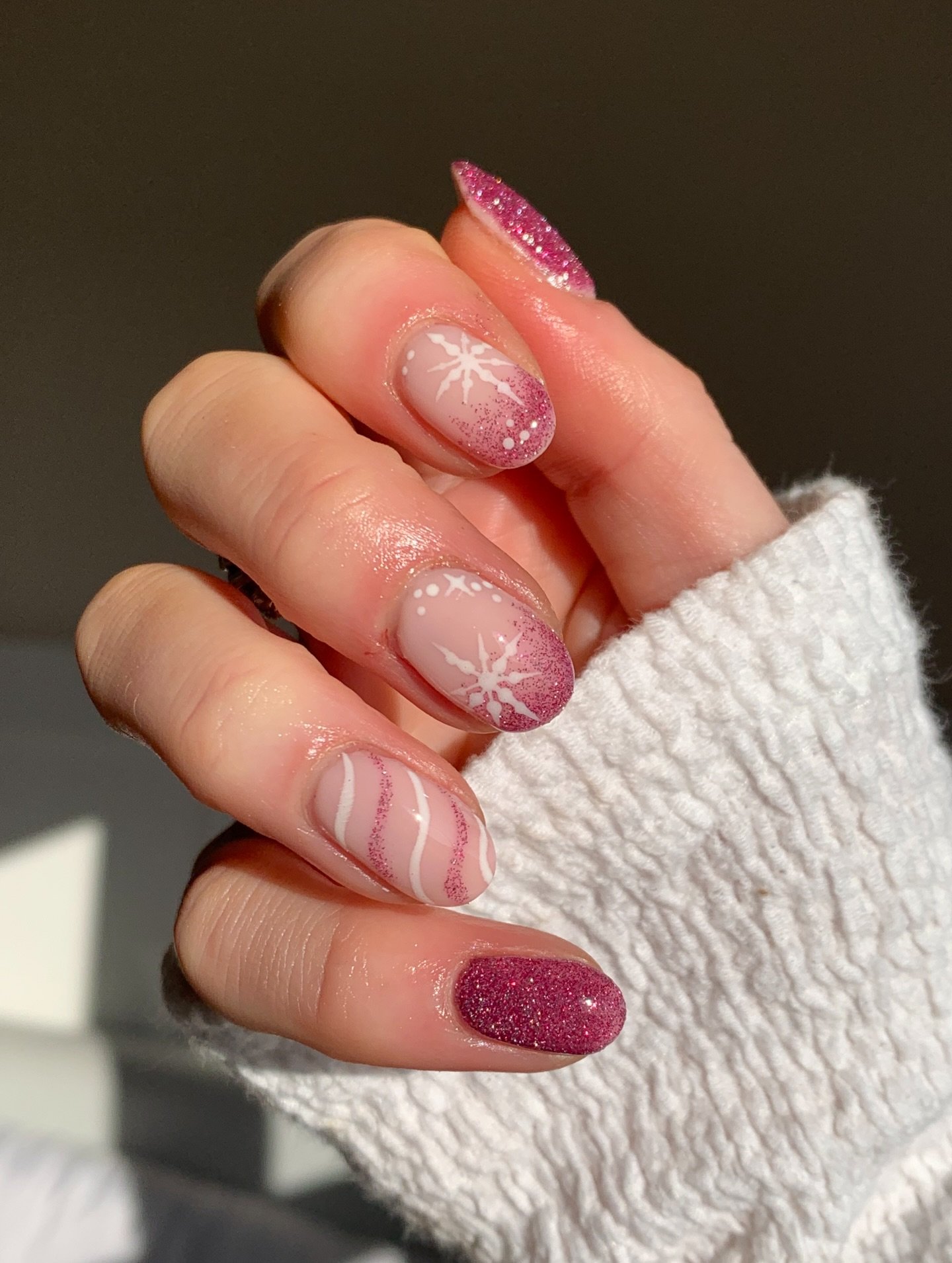 Pink Snowflake and Candy Stripe Almond Nails