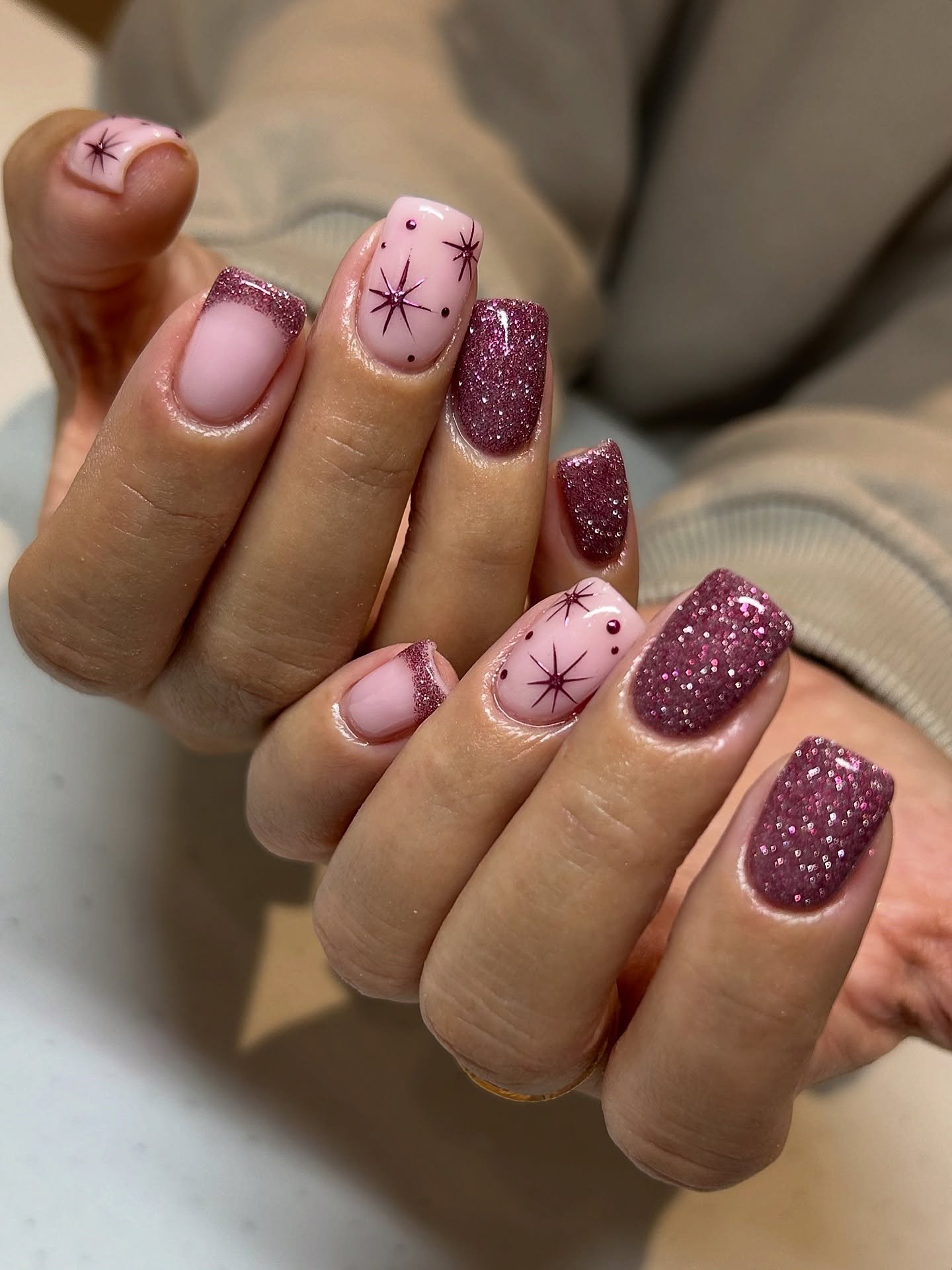 Pink Glitter Nails with Snowflakes and Star Details