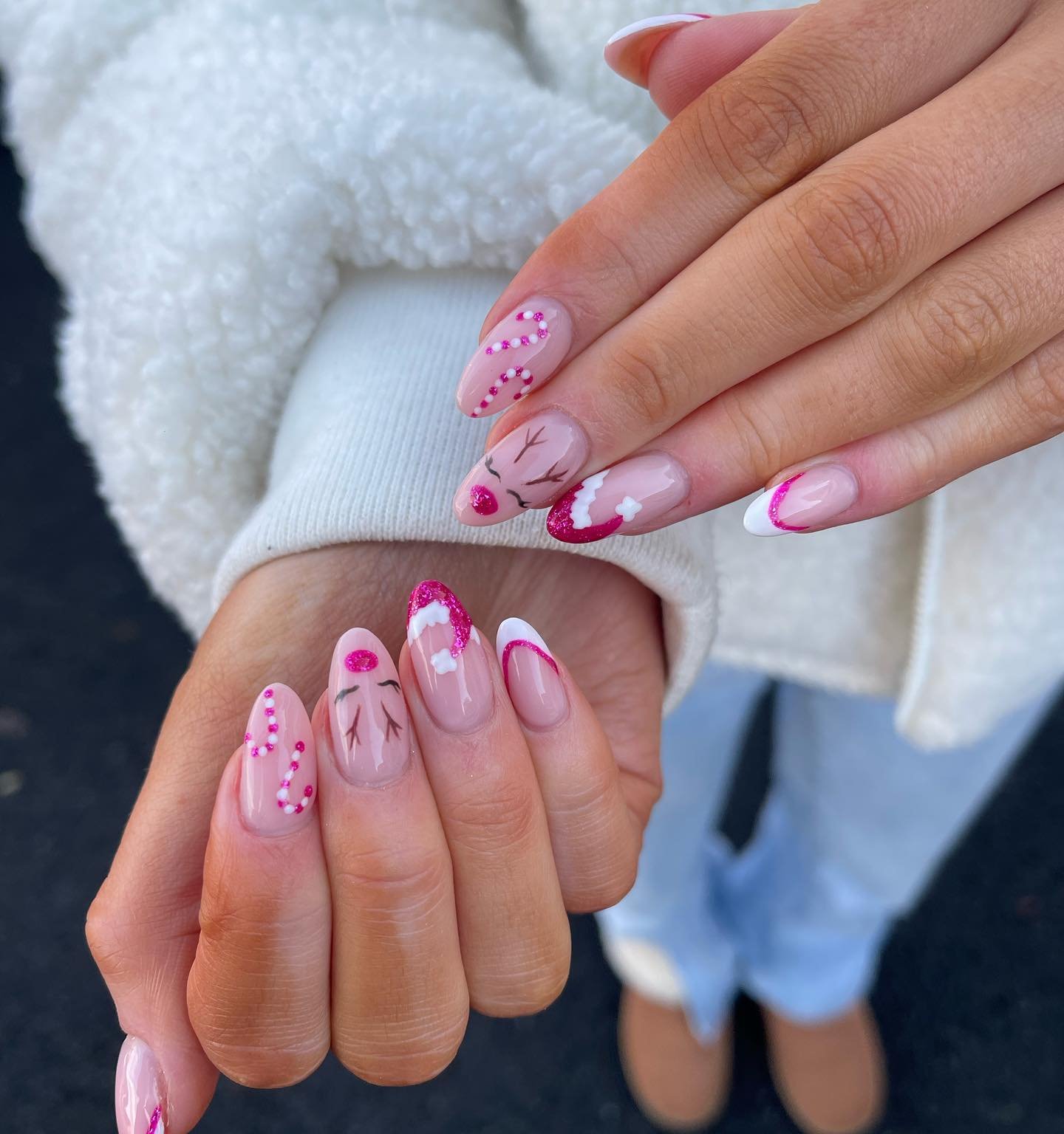 Pink Christmas Nails with Dots, Bows and Candy Cane Details