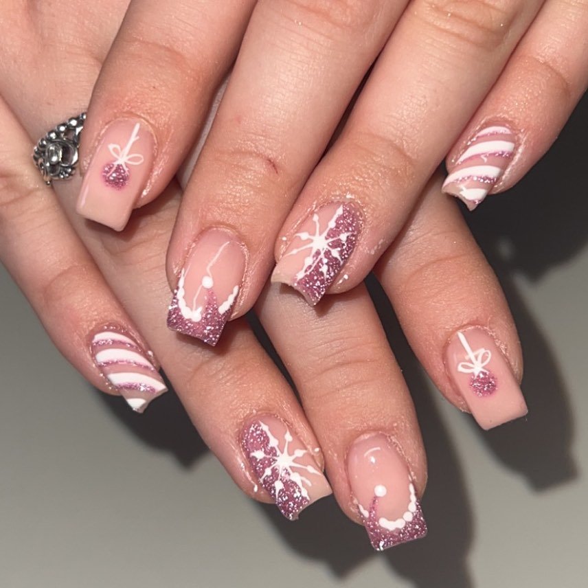 Pink Square Nails with Snowflakes, Stripes and Glitter