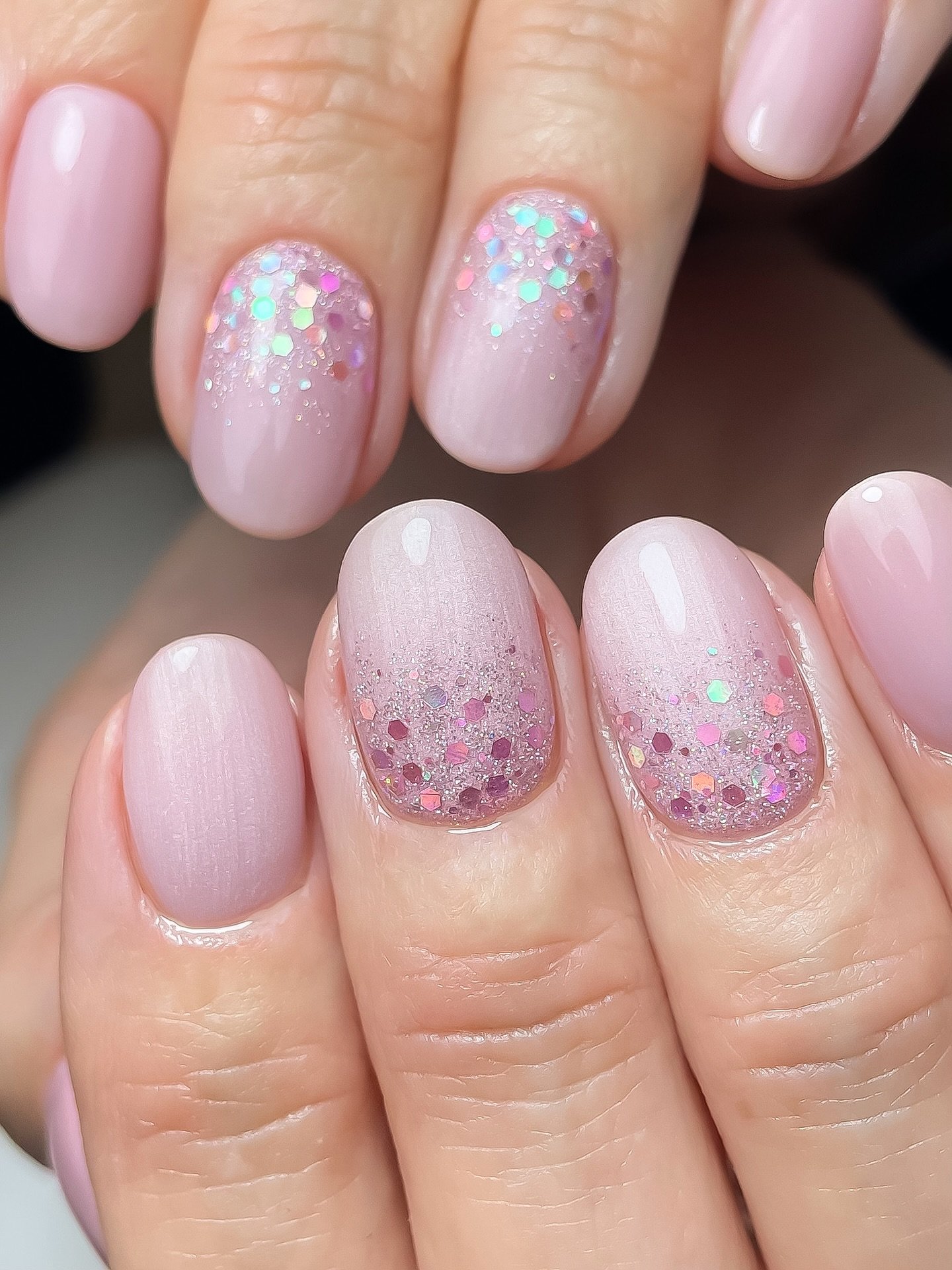 Short Pink Nails with Iridescent Confetti Accents
