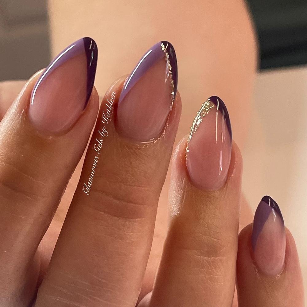Sheer Pink Stiletto Nails with Purple Tips and Gold Lines