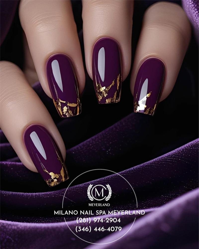 Deep Purple Almond Nails with Gold French Accents