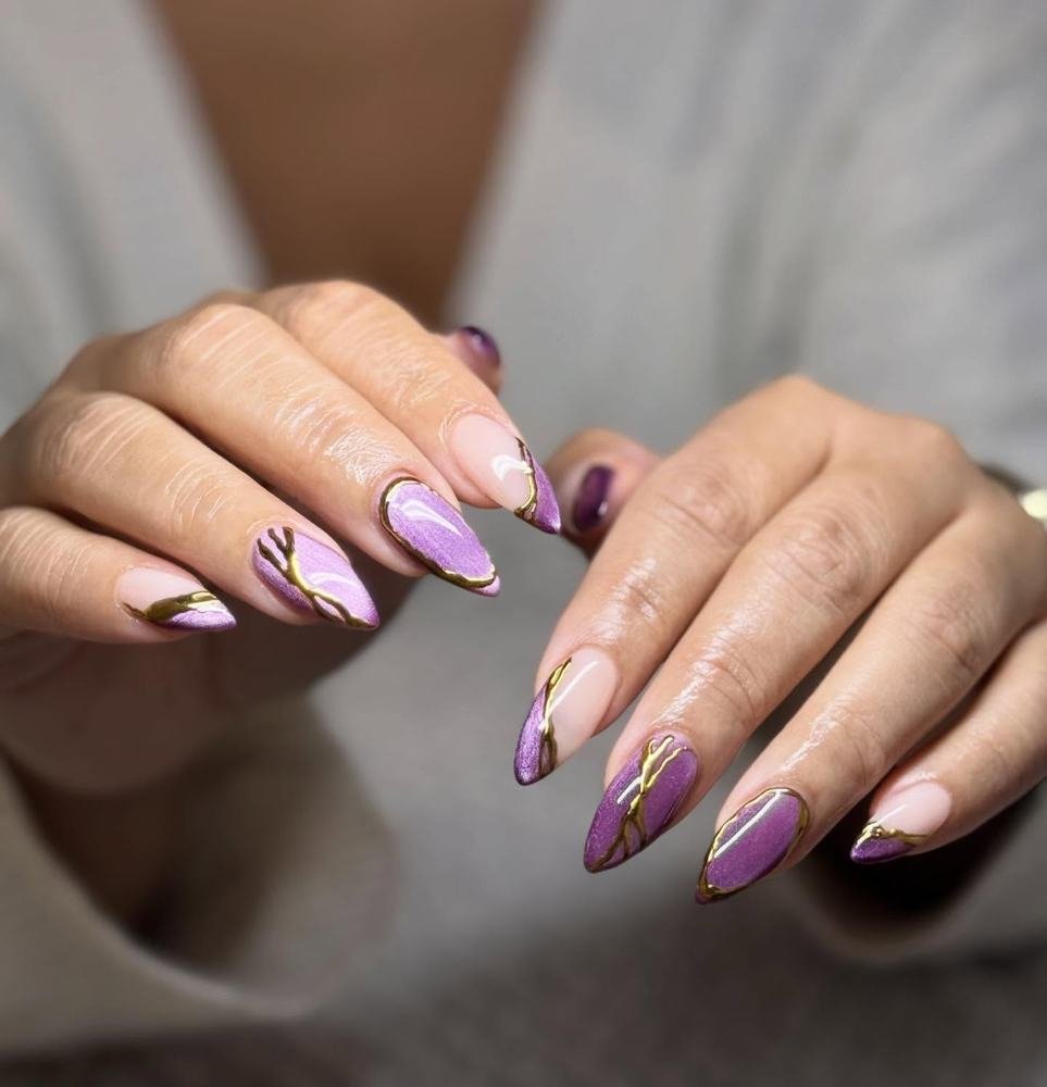 Lavender and Purple Almond Nails with Fine Gold Accents