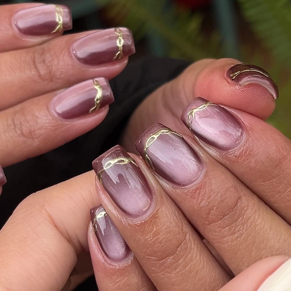 Sheer Mauve Nails with Delicate Gold Outline Details