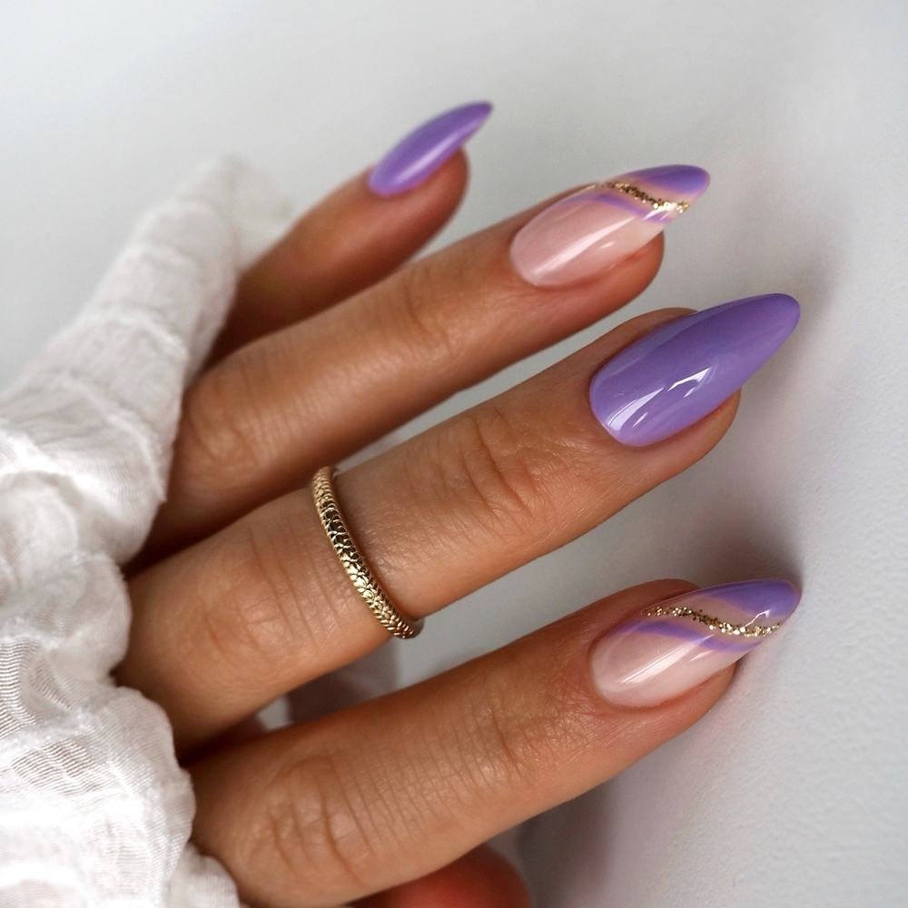 Lavender Almond Nails with Purple Tips and Gold Linework