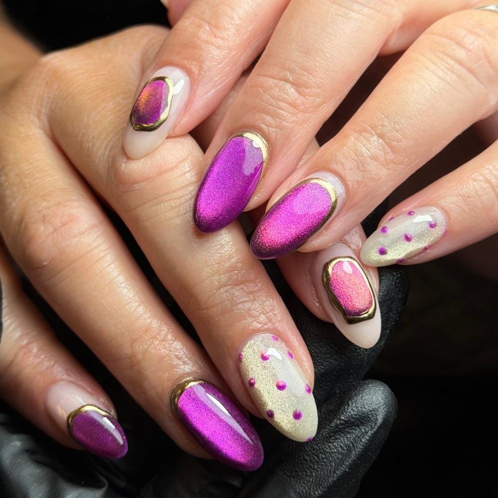 Sheer Nude Nails with Purple Floral and Gold Details