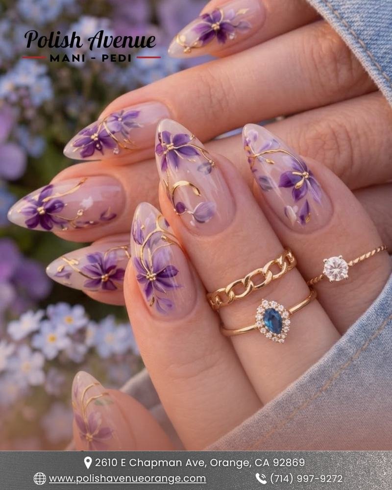 Glossy Purple Nails with Fine Gold and Dark Accent Details