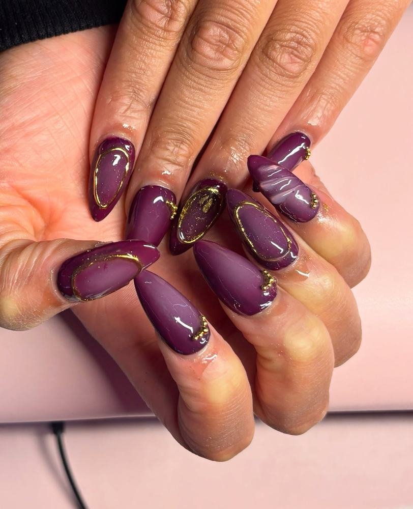 Purple Square Nails with Gold-Tipped French Details