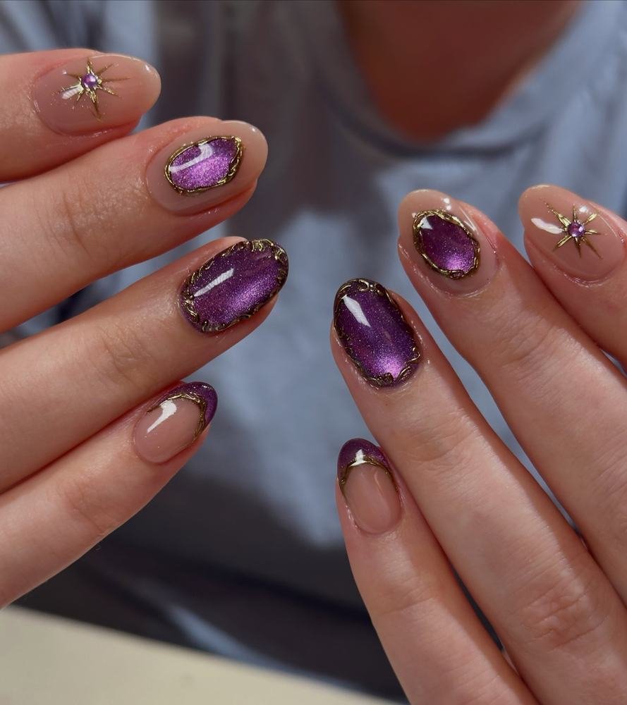 Deep Plum Almond Nails with Gold Edges