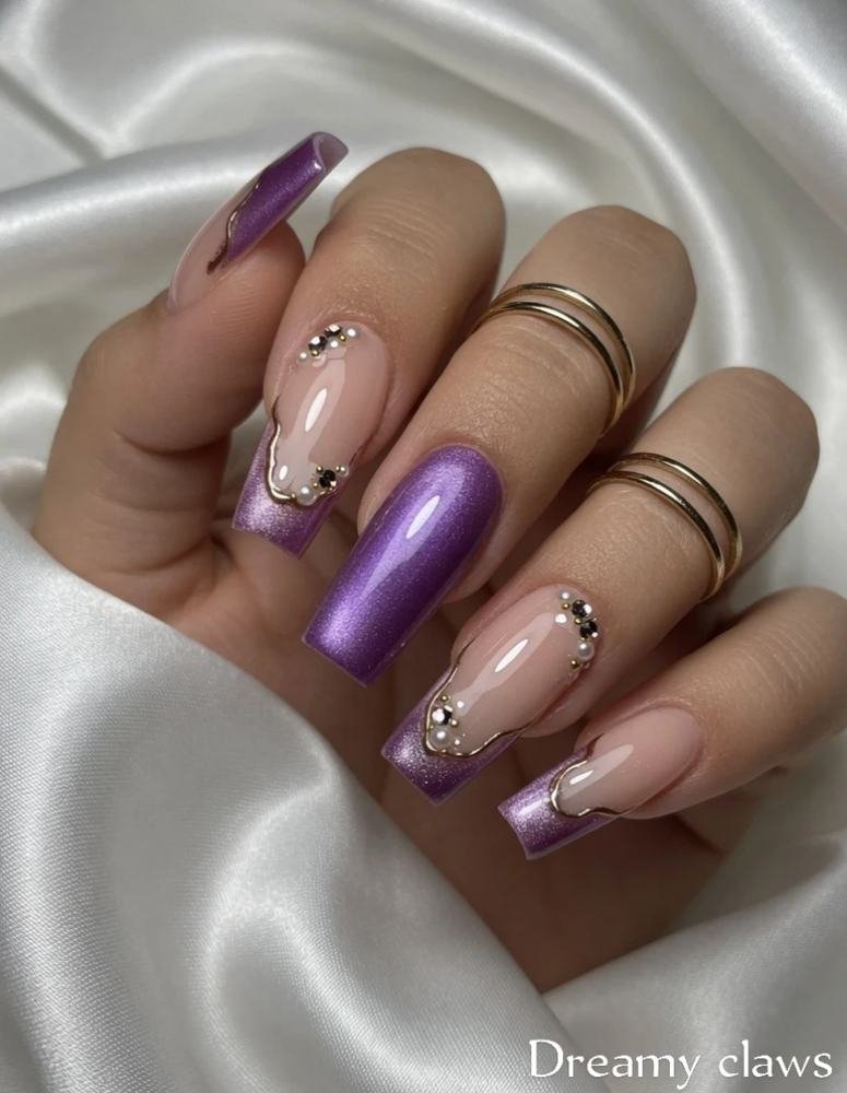 Purple and White Almond Nails with Gold Embellishments