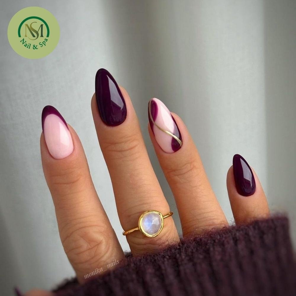 Plum and Blush Almond Nails with Gold Line Accents