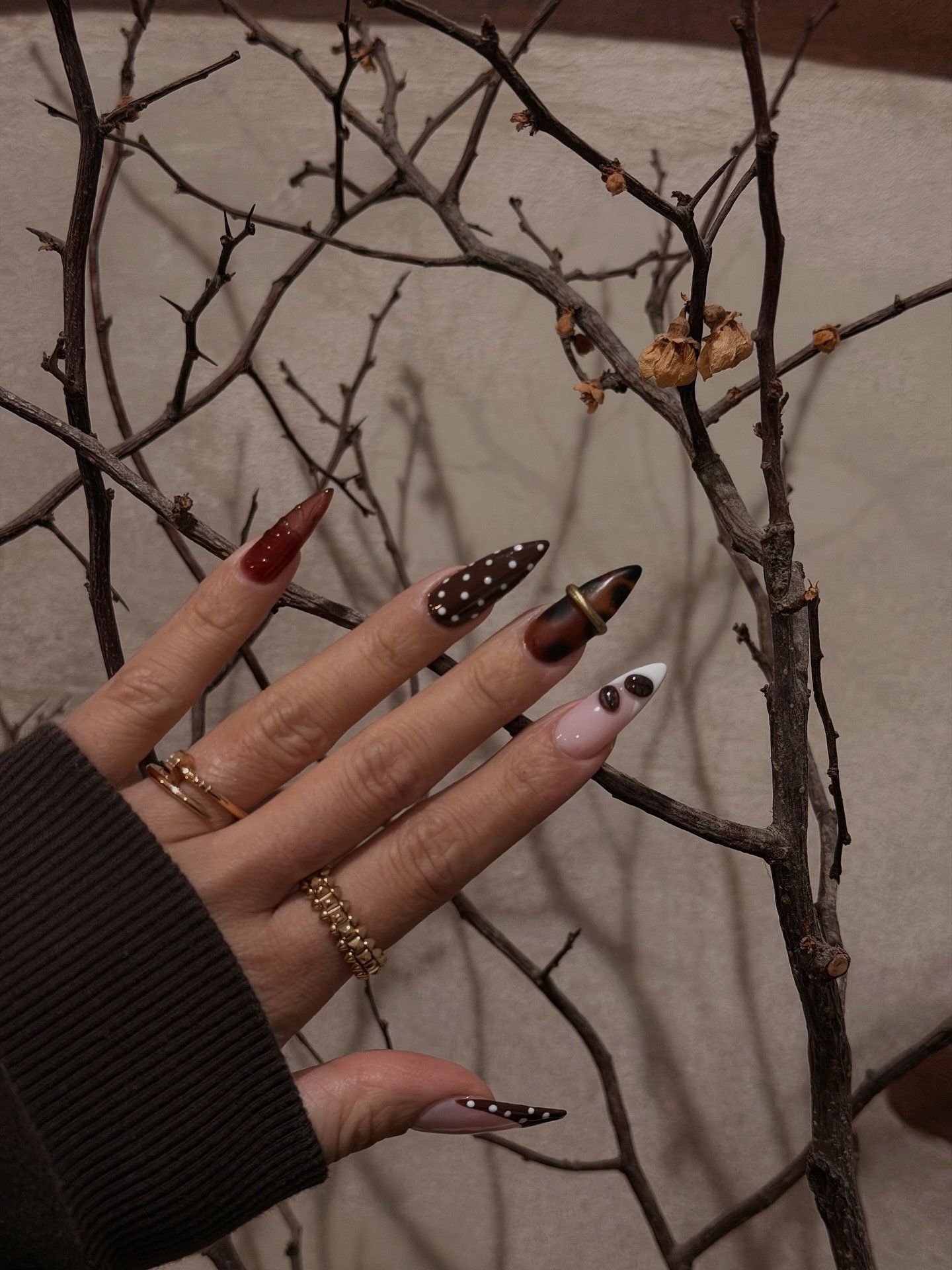 Earthy Tortoiseshell Nails with Branch-Inspired Accents