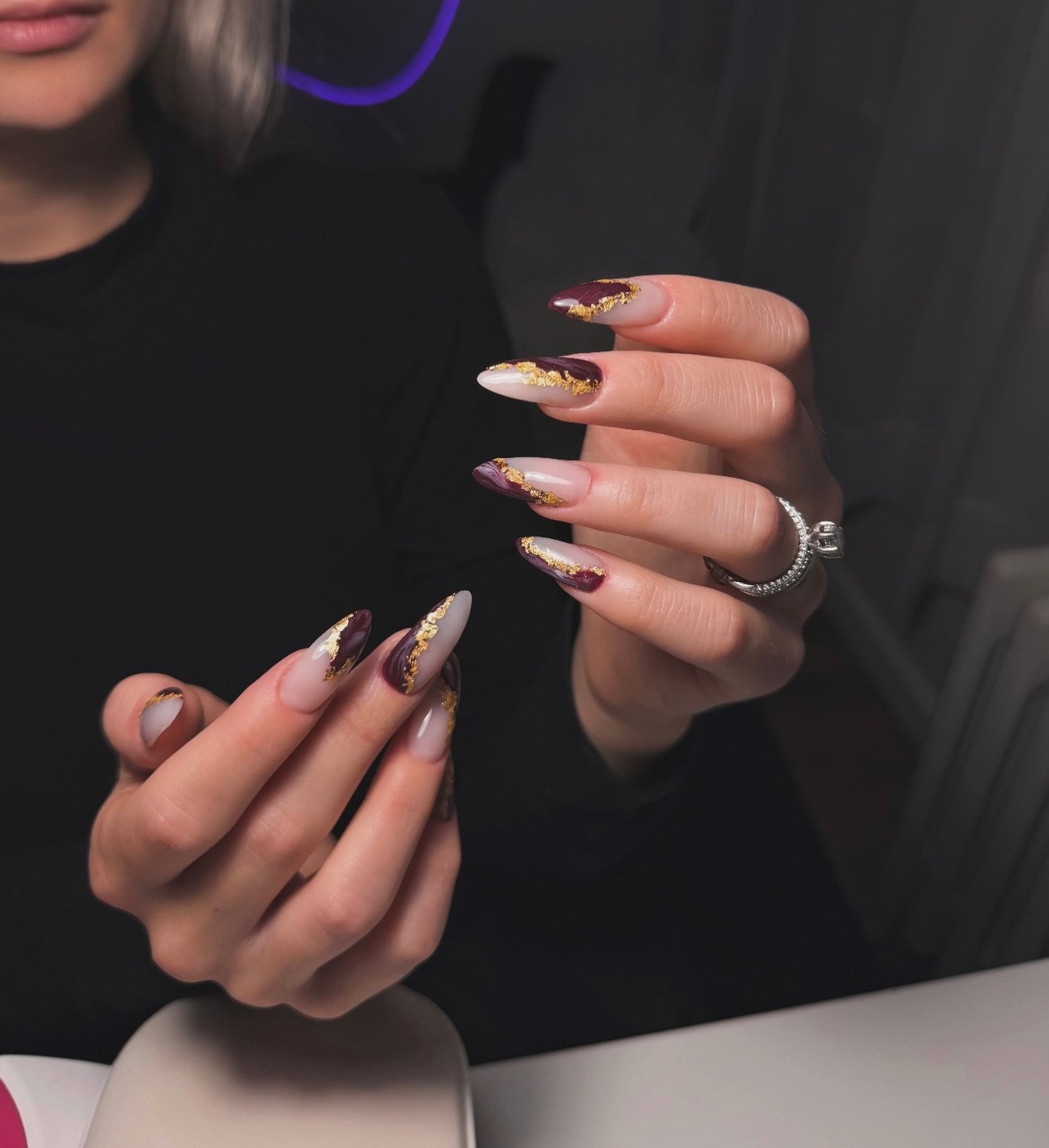 Long Dark Brown Almond Nails with Mixed Autumn Accents