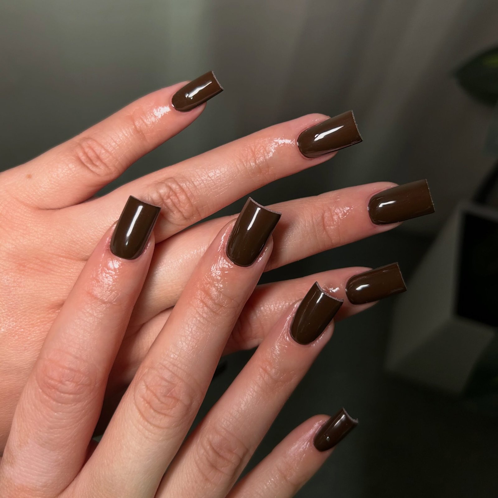 Glossy Dark Brown Square Nails