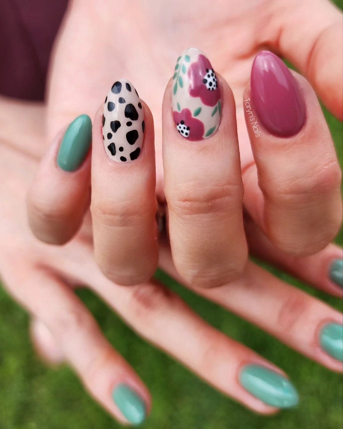 Teal Green Nails with White Cow-Print and Floral Accents