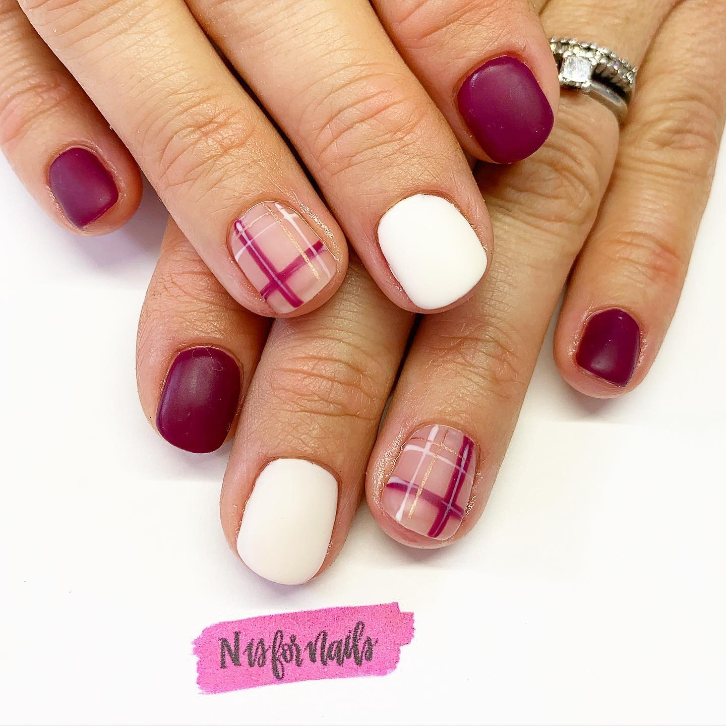 Burgundy and Cream Nails with Pink Plaid Accents