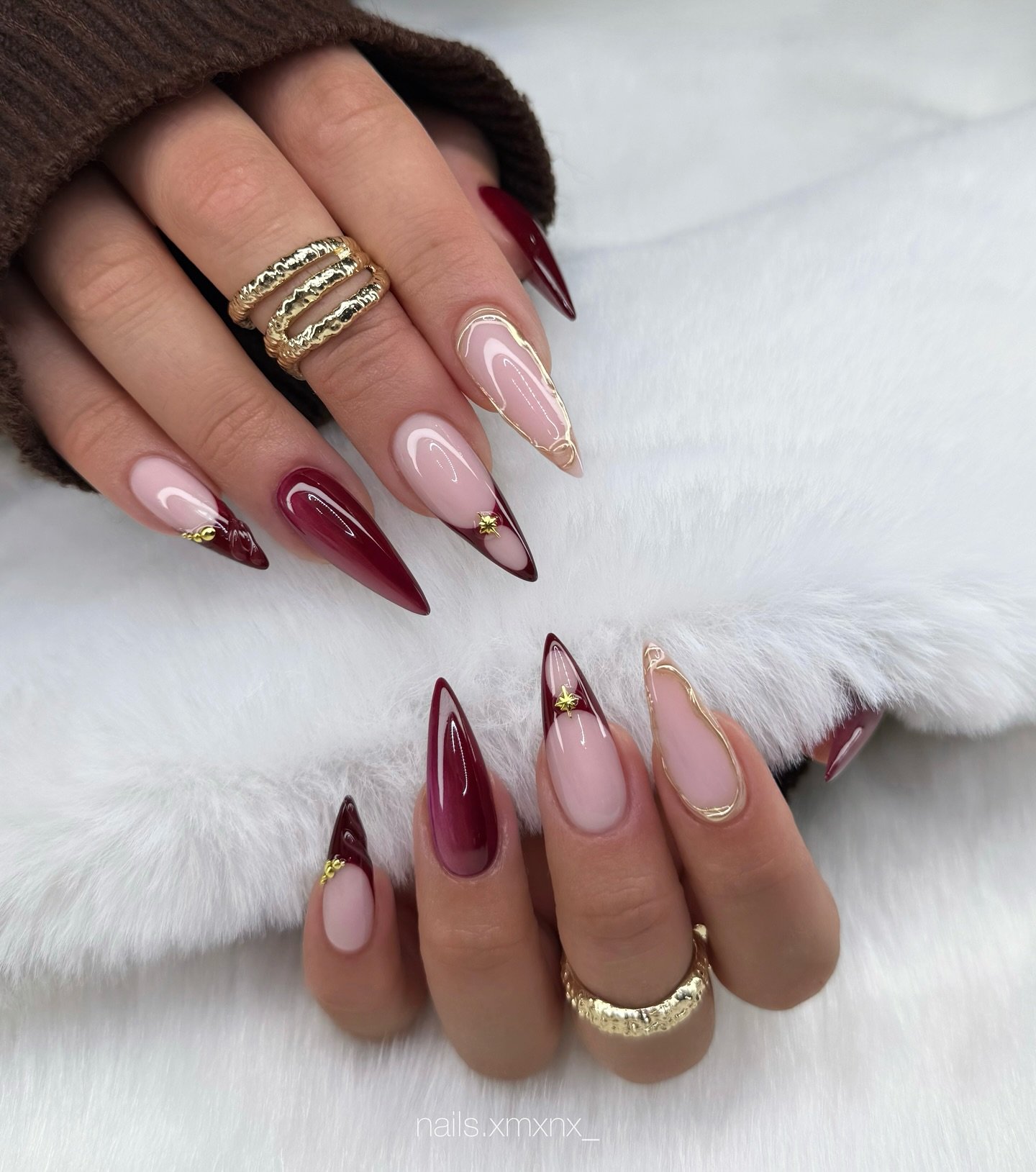 Pink Nude Almond Nails with Burgundy Tips and Gold Details