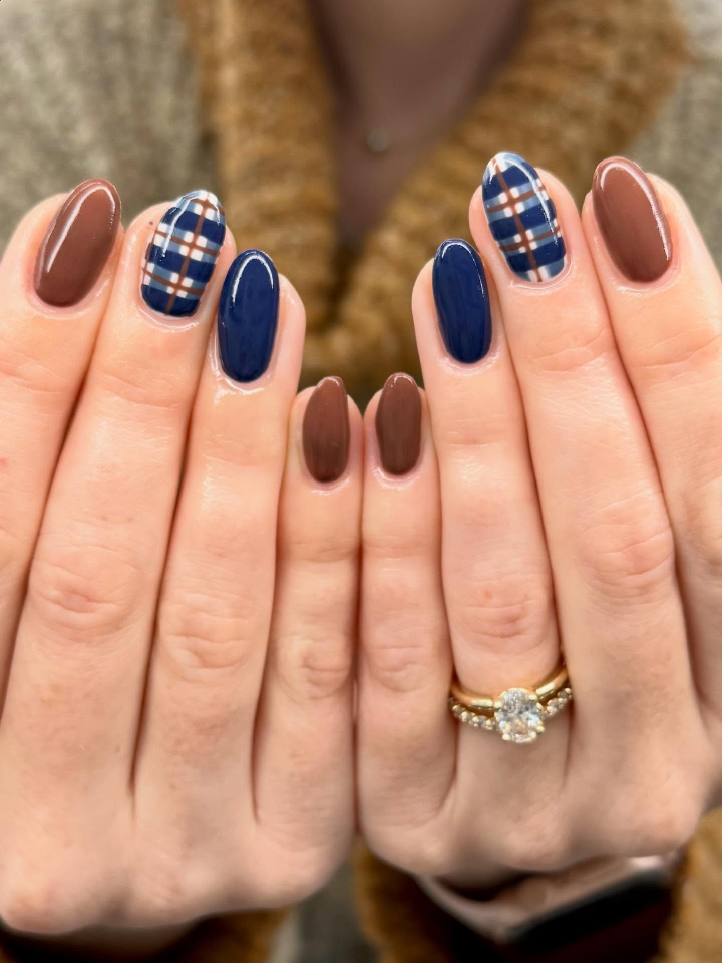 Brown and Navy Nails with Blue Plaid Accents