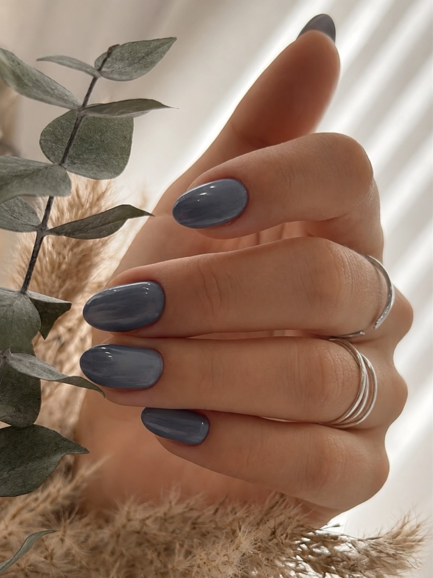 Matte Slate Blue Almond Nails