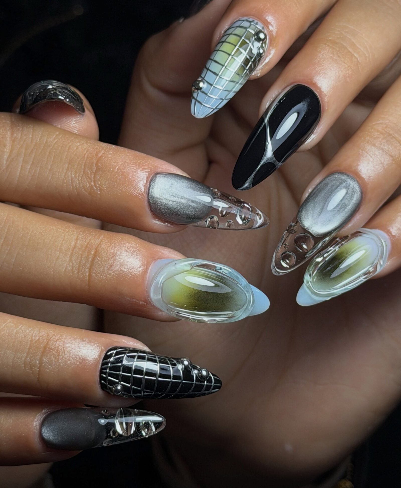 Black and Silver Chrome Nails with Textured Accents