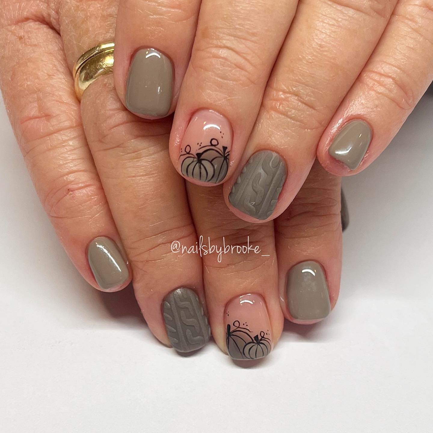 Taupe Nails with Delicate Line-Art Accents