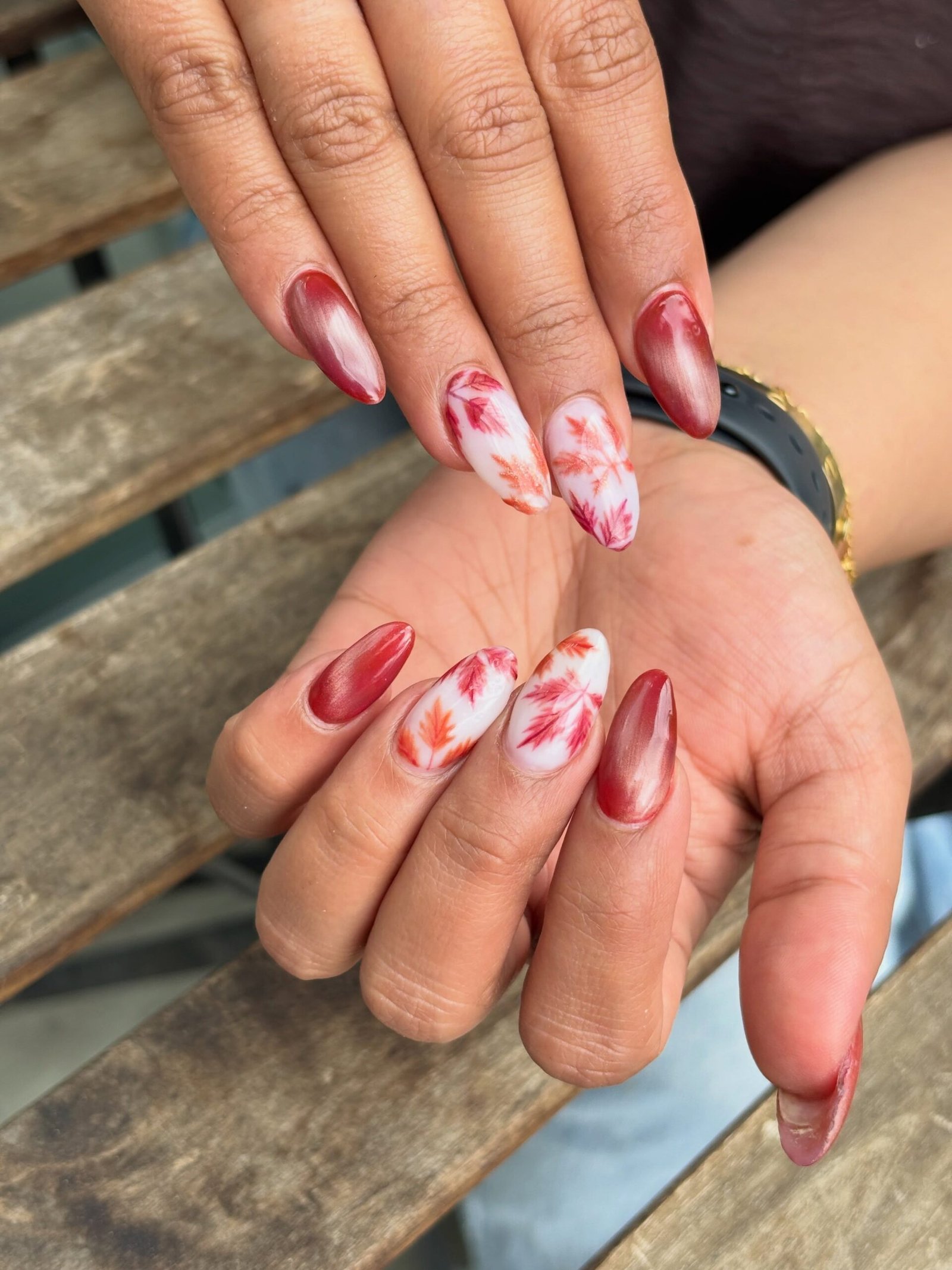 Red and White Swirl Almond Nails
